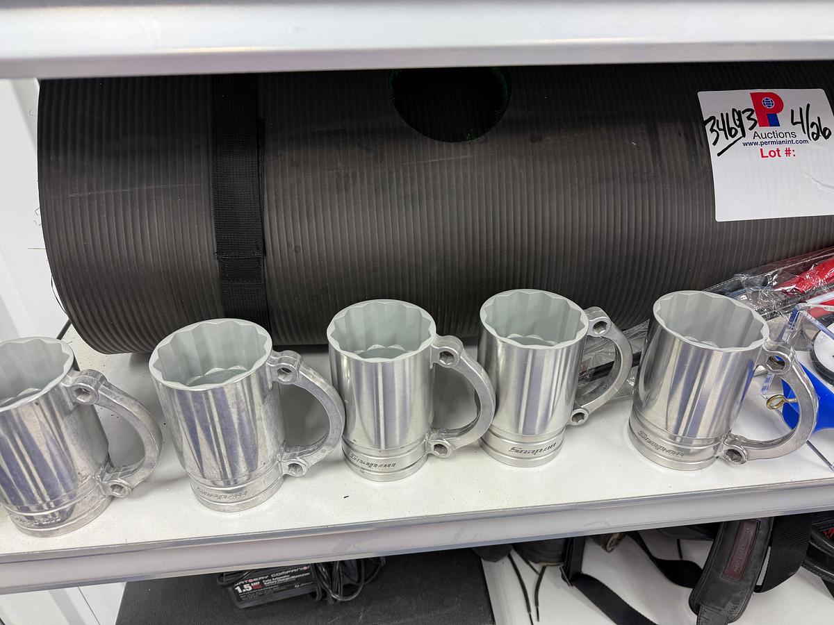 Used 6- SHELVE RACK W/ CONTENTS OF (5) CUSTOM SNAP ON SOCKET CUPS, DRILL BIT SET IN BOX, TOOL BOX, PUTTING TURF, (2) FLOOR JACKS