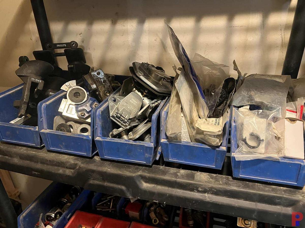 Used 9 - SHELVES CONTAINING TRANSMISSION FLUID, MOTOR OIL, BRAKE FLUID, GREASE, PURGE VALVES, & SEE DETAILS