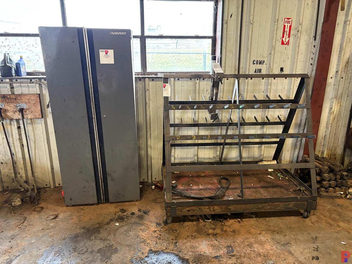 Used 5’ X 3’ X 4’ A-FRAME TOOL RACK & HUSKY 6’ STORAGE CABINET