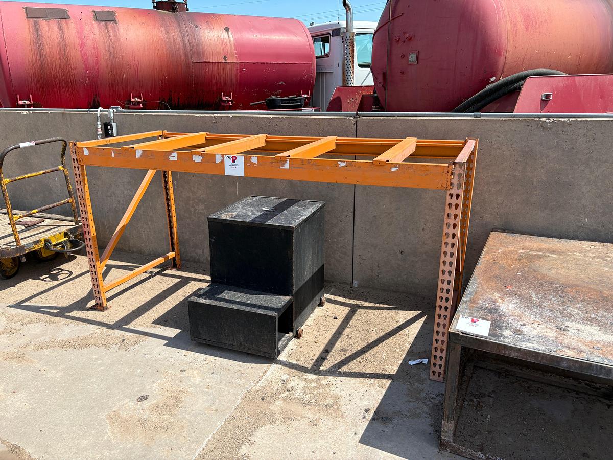 Used 5’ x 5’ x 2’ shop table, 8’ x 3’ x 4’ shelf, & 7’ x 3’ rolling cart
