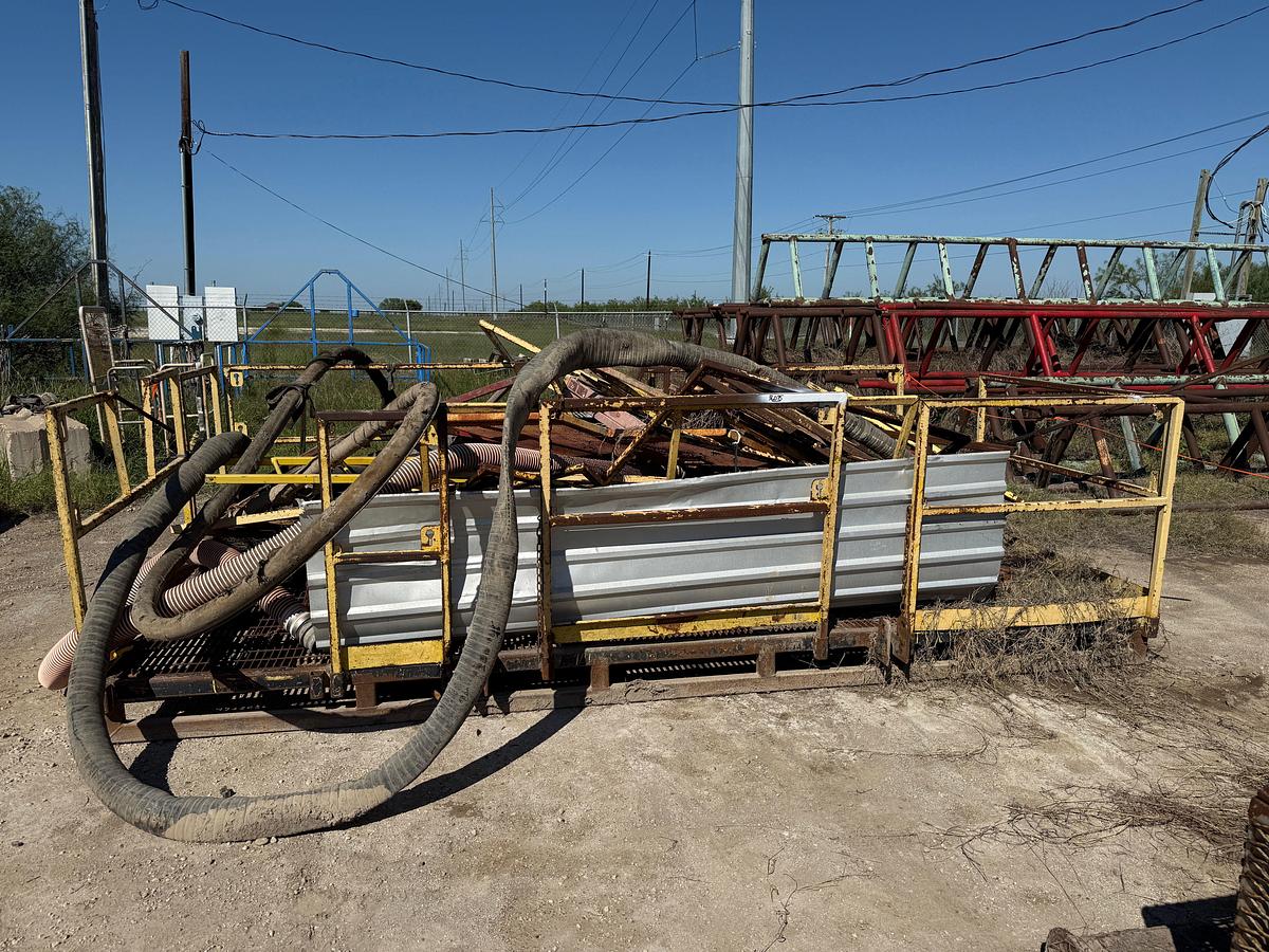 Used 16’L X 102”W CUSTOM WORKFLOOR TRANSPORT SKID W/ HANDRAILS & CONTENTS