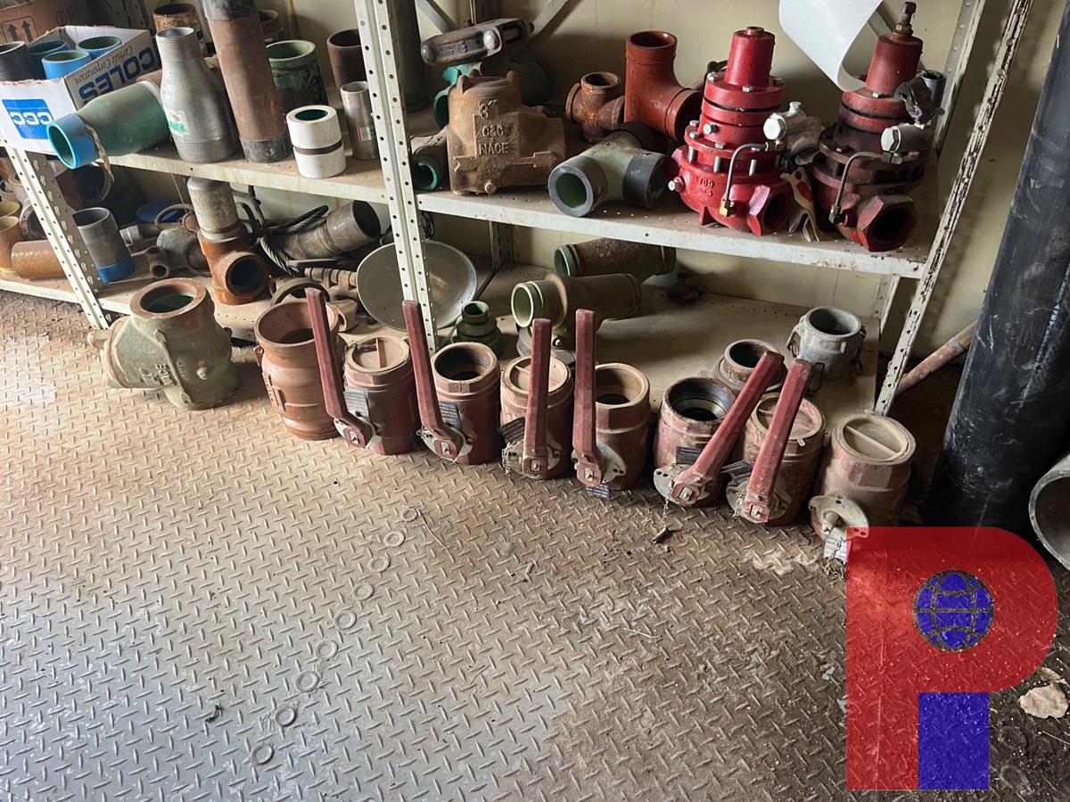 Used (3) SHELVES W/ ASSORTED PIPE SWAGES, FITTINGS, FLOAT VALVES, ETC.