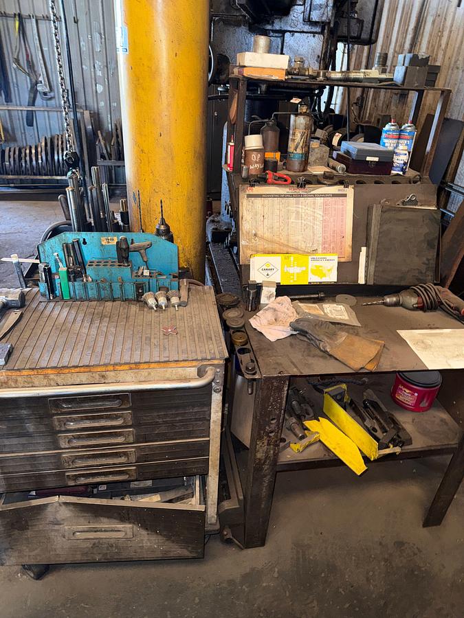 Used SECTION OF (4) TOOL RACK/ TABLES / ROLLING / CART W/ CONTENTS OF RADIAL ARM DRILL PRESS TOOLING & RELATED