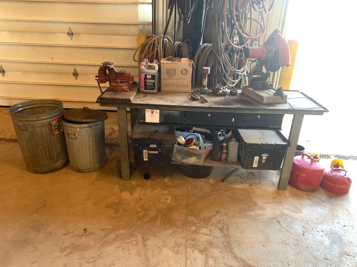 Used 7’ x 3’ x 2’ Shop Table w/ Wilton Vice and Milwaukee 12” Chop Saw and all its Contents