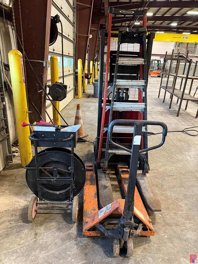 Used LOT W/ DAYTON 5RRY5 2,200 LB CAP. ELEC. PALLET JACK, (2) 6’-7’ LADDERS, MANUAL PALLET JACK, BANDING CART W/ TOOLS & CLAMPS