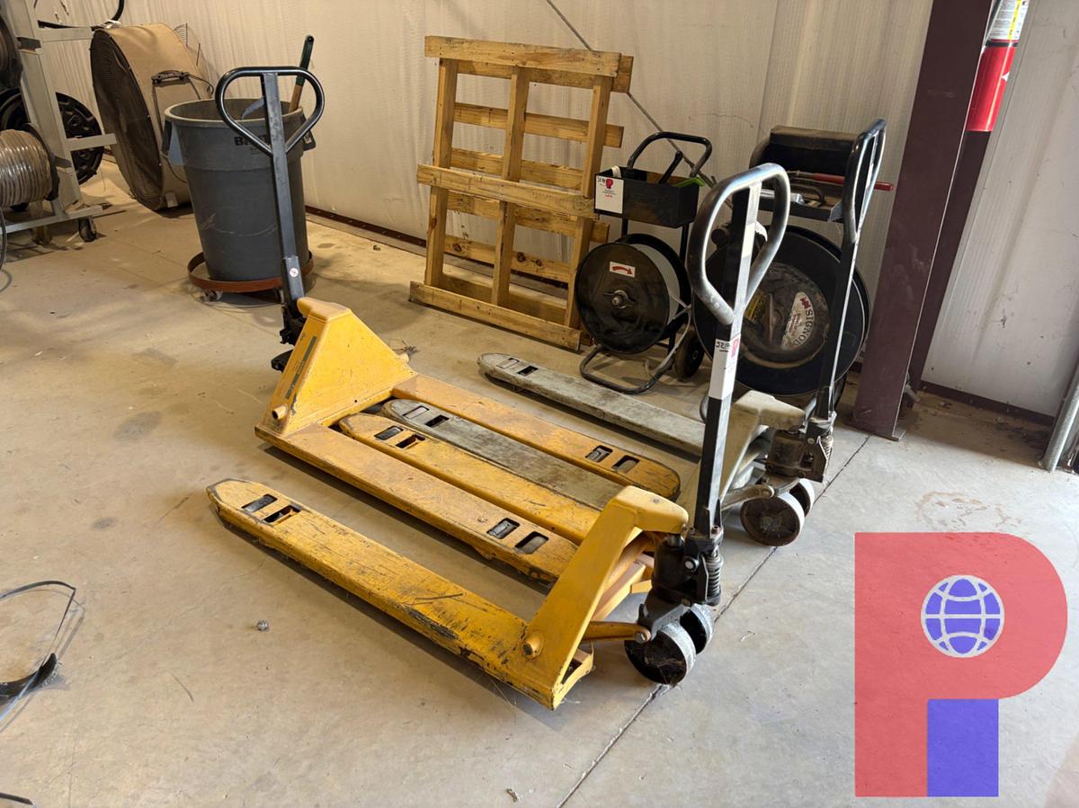 Used (3) 5500LBS PALLET JACKS, (2) PALLET STRAPPING KITS