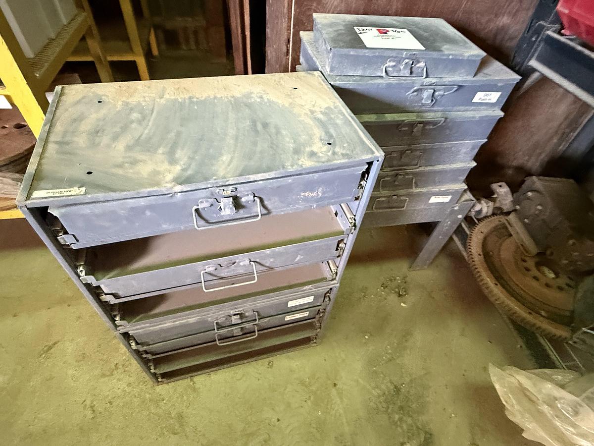 Used (1) 112-BIN BOLT BIN, (1) 77”L X 24”W X 78”H 4-SHELF RACK, (10) DURHAM SLIDE-OUT COMP. BOXES, ALL W/ TRUCK PARTS & RELATED