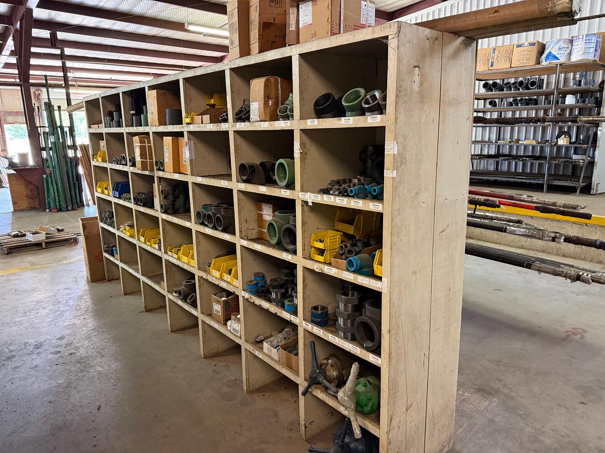 Used 14’ x 2’ x 7’ 42-BIN WOOD PARTS SHELF