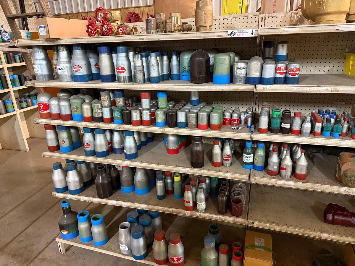 Used SECTION OF (150+) HEAVY WALL 1/2” THRU 6” PIPE SWAGES, & (7) BRASS GATE VALVES & CHECK VALVES