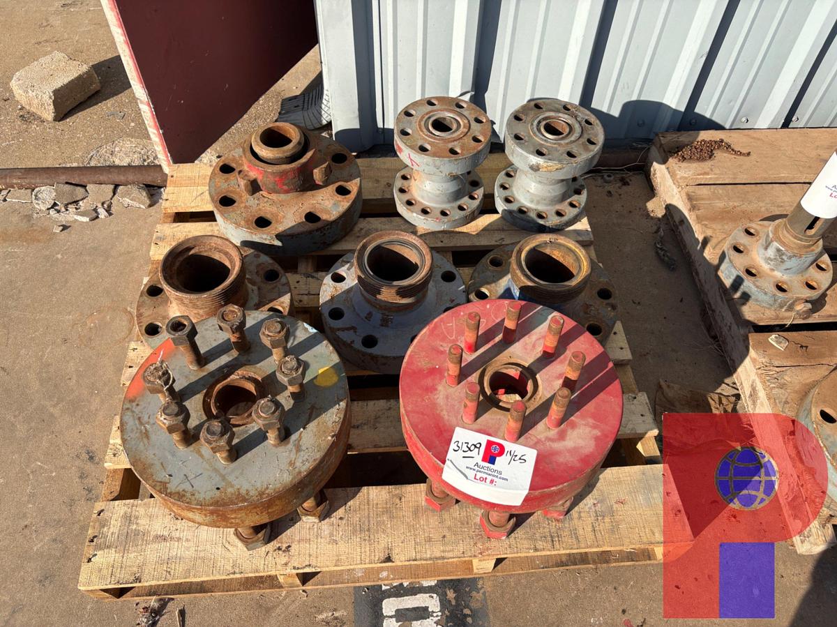 Used PALLET W/ (4) WECO FLANGES 3”-4”, (2) 2-1/2” DSA’S, (2) 2-1/16” X 9” SPACER SPOOLS