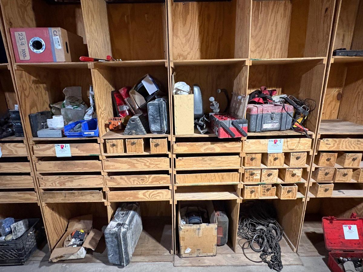 Used (4) shelves w/ assorted truck parts, chains, hand tools, etc.