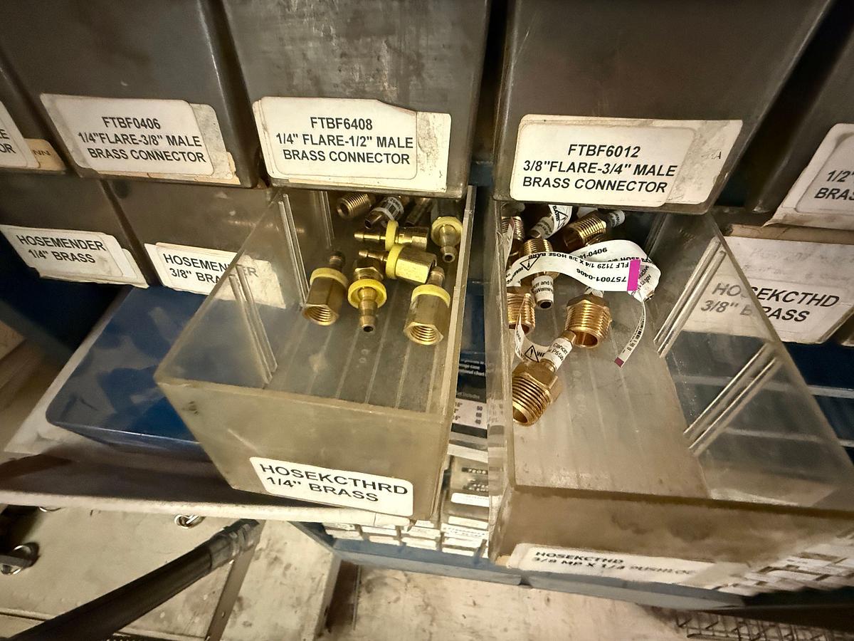 Used BRASS FITTING BIN W/ CONTENTS OF 1/8” THRU 1/2” COPPER TUBING FITTINGS
