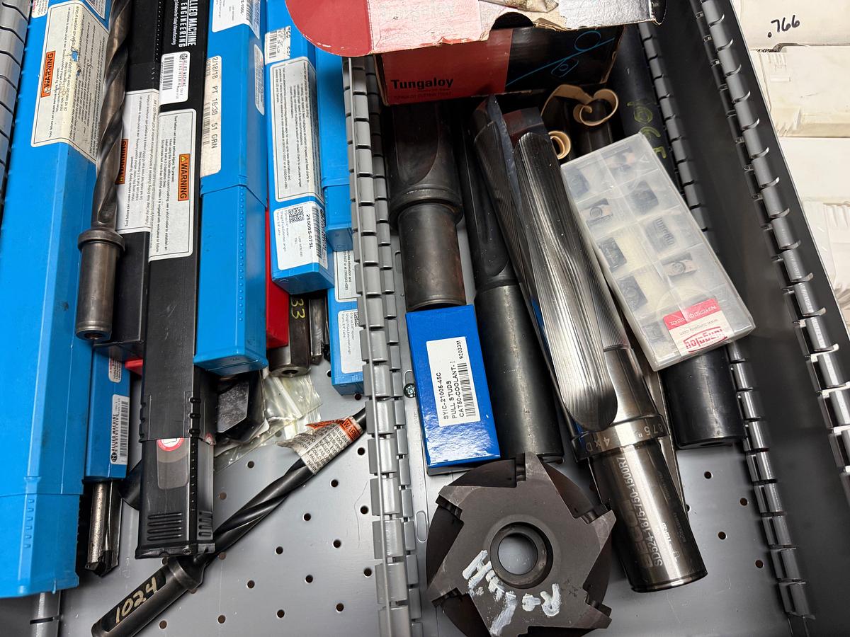 Used LOT W/ (200+) UNUSED EXPENDABLE MACHINING TOOLS INCLUDES (2) LISTA 8-DRAWER ROLLING TOOLBOXES, TABLE TOP & BOLT BIN W/ CONTENTS
