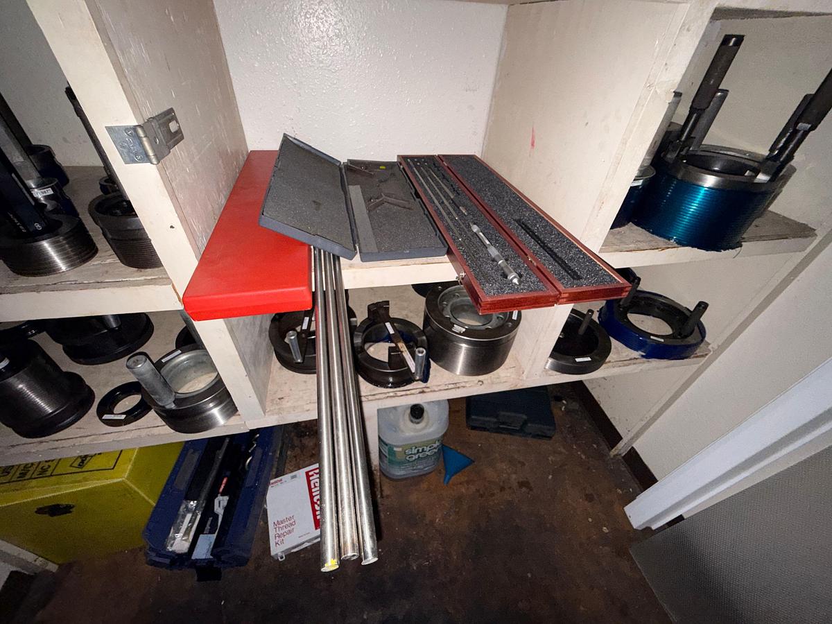 Used LOT W/ CONTENTS OF GAUGE ROOM INCLUDING (50+) (UNUSED) IN-ACT & NON API UP TO 11” THREAD GAUGE & METAL LOCKERS