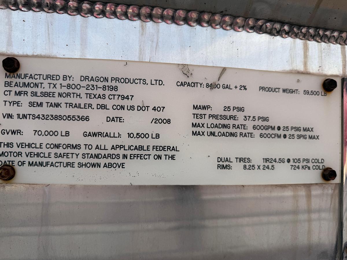 Used 2008 DRAGON PRODUCTS 8,400 GALLON T/A FUEL TRAILER