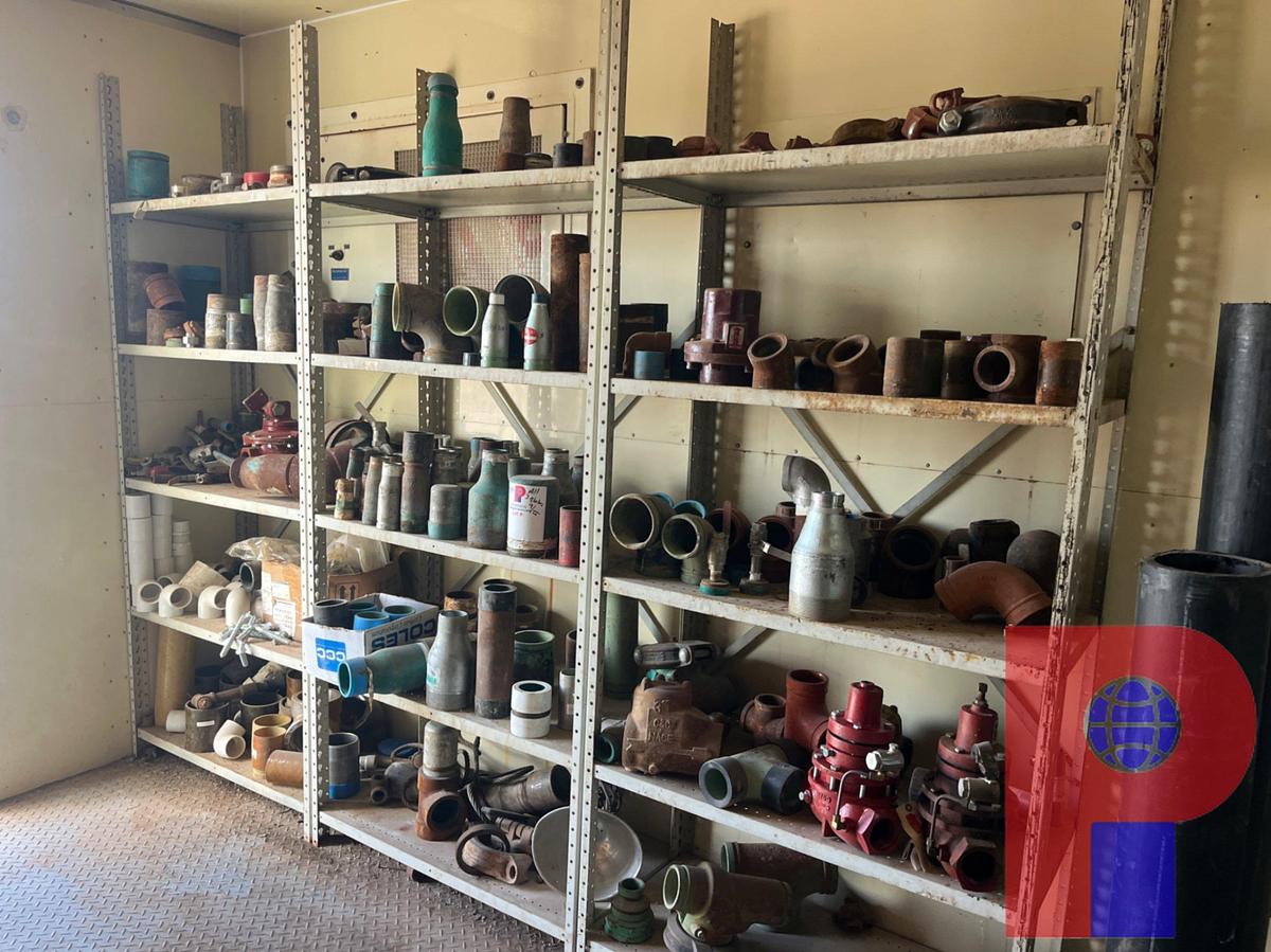 Used (3) SHELVES W/ ASSORTED PIPE SWAGES, FITTINGS, FLOAT VALVES, ETC.