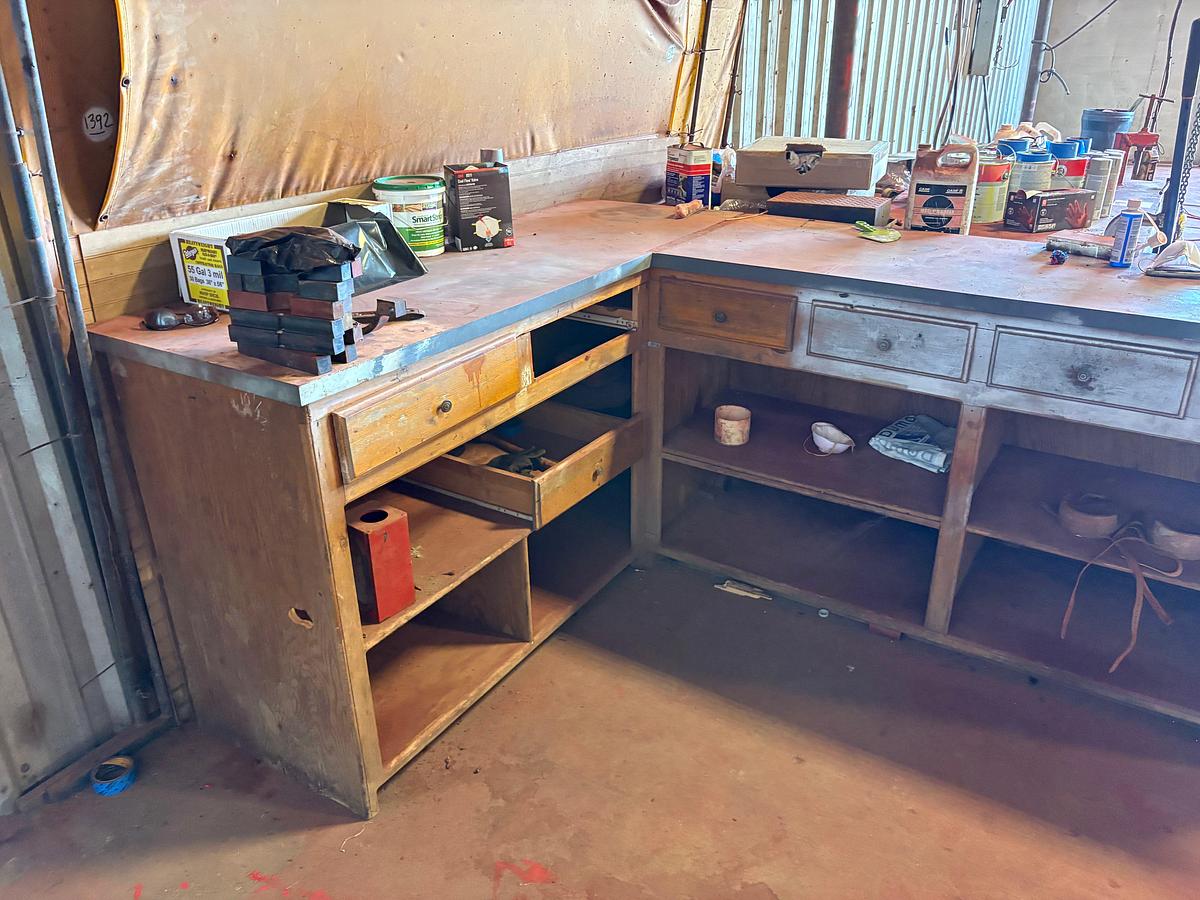Used 100” x 75” x 41” L-shaped shop table