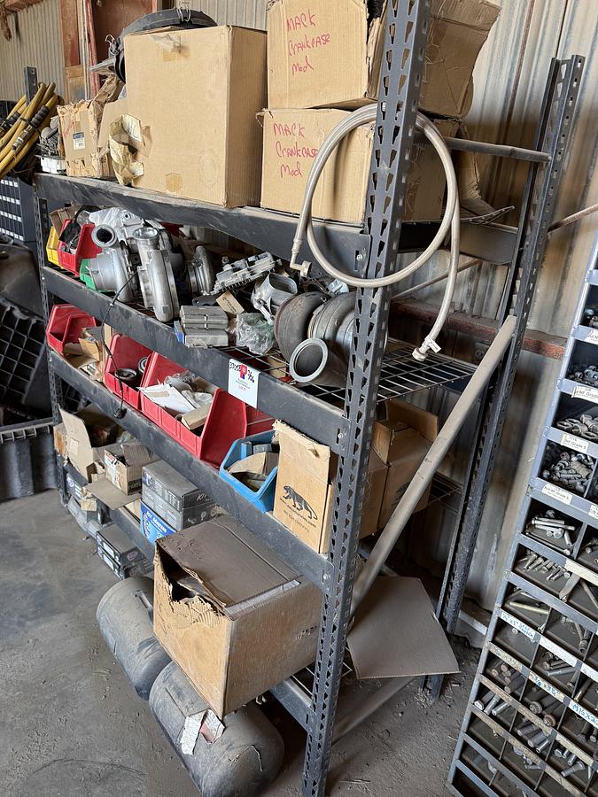 Used 77”L X 24”W X 78”H 4-SHELF RACK W/ ENGINE PARTS & RELATED