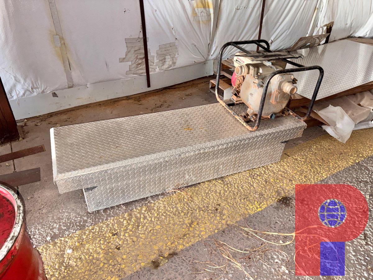 Used (2) A-FRAME TOOL RACKS, METAL STORAGE RACK, TRUCK TOOLBOX & WATER COOLED FAN