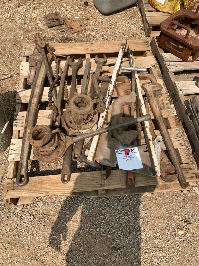 Used (4) Pallets of Wrenches, Pipe Wrenches, 5-1/2 Basket, 1002 Fittings, Bolts, and Pneumatic Controls