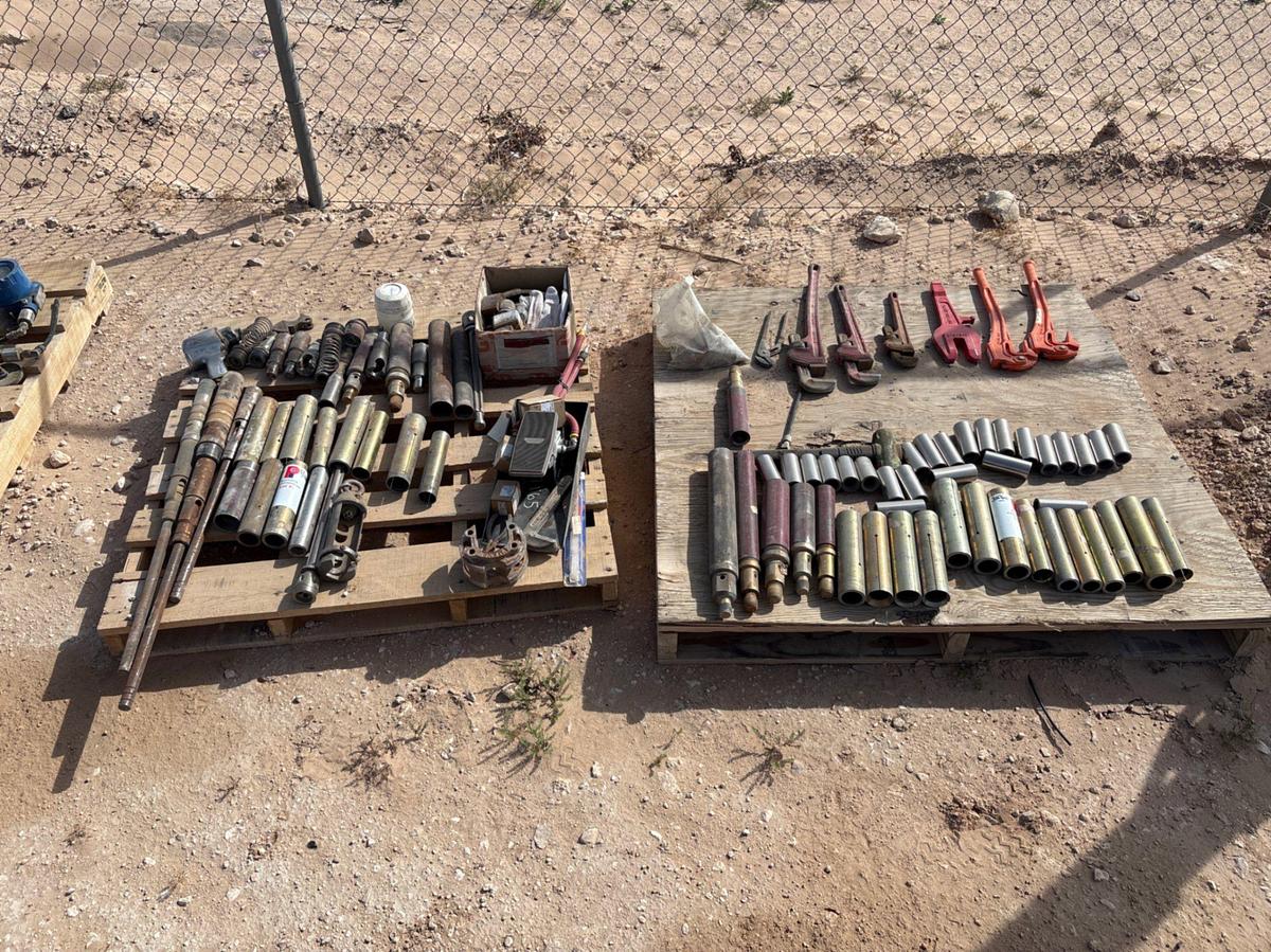 Used (2 pallets) of assorted sucker rod overshots, fishing tools, (2) petol rod wrenches, pipe wrenches, etc