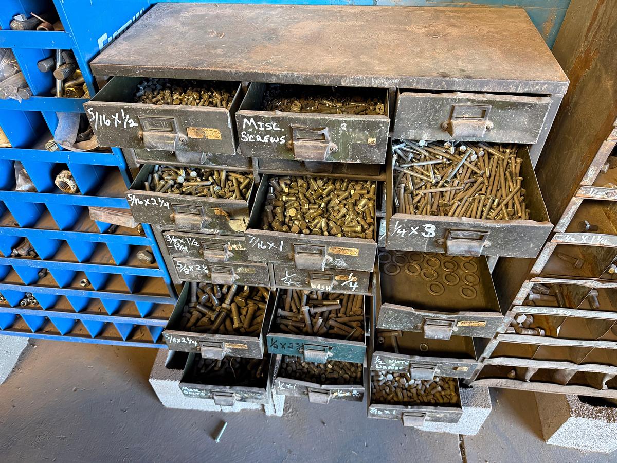 Used SOUTH WALL SECTION W/ (3) BOLT BINS & PULL-OUT DRAWERS, (10+) BOXES, (3) BUCKETS OF VARIOUS BOLTS, NUTS, & SCREWS