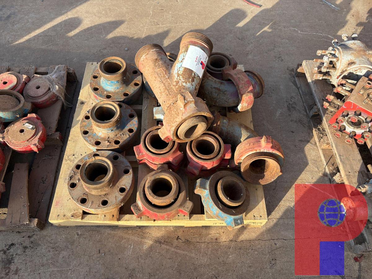 Used (2) PALLETS W/ 4” WECO FLANGES, 4” 1502 “Y”, 4” 1002 ELBOWS, 4” 1502 & 1002 HAMMER UNIONS