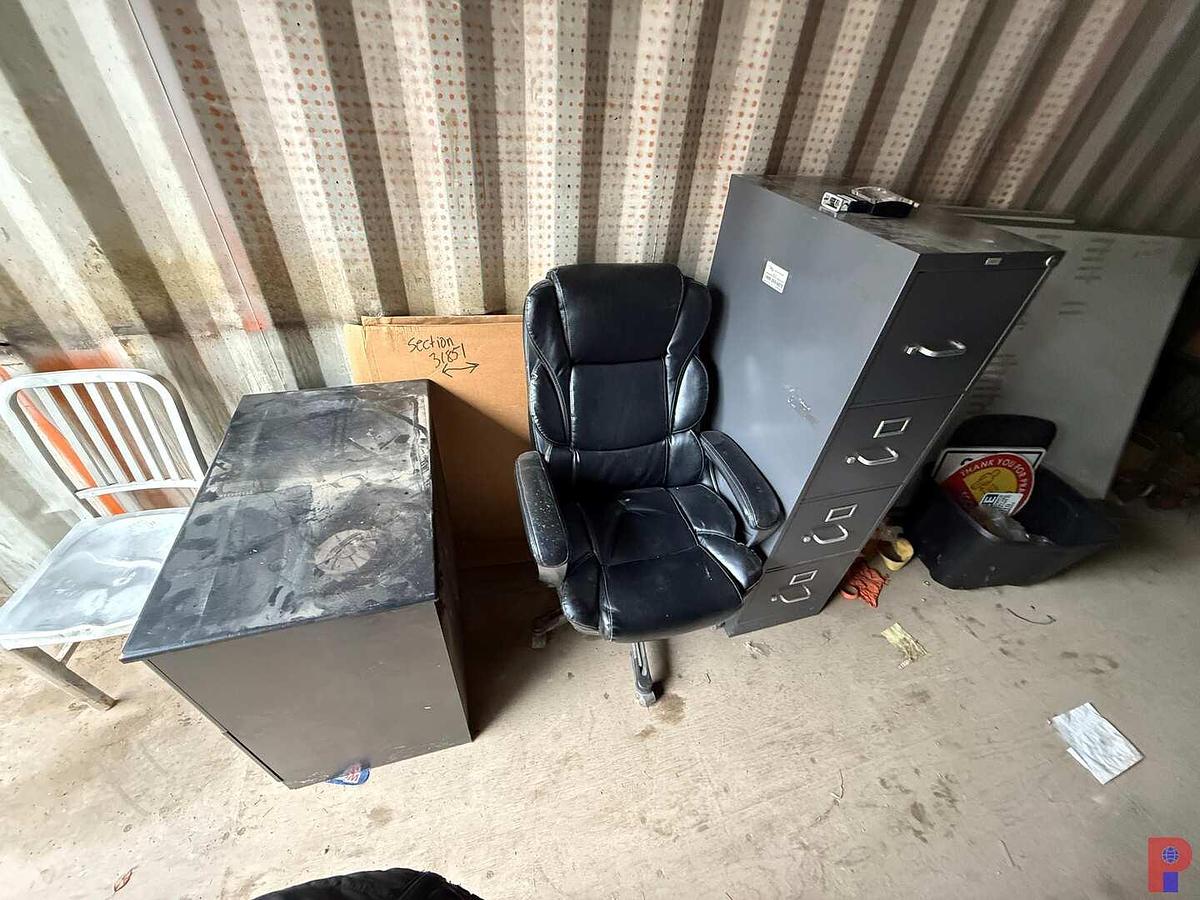 Used SECTION W/ (2) DRAWER CABINET, HI-BACK ROLLING CHAIR, 4-DRAWER FILING CABINET, (2) WHITE BOARDS, TUB OF SAFETY SIGNS