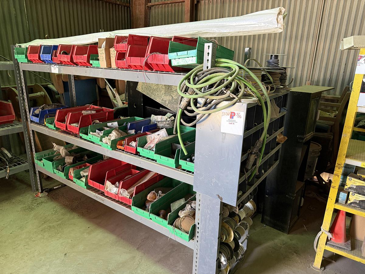 Used 96”L X 24”W X 72”H 3-SHELF RACK, (1) 24-COMP. FITTING BIN, & (1) 4-ROW ELECTRIC WIRE REEL RACK, ALL W/ TRUCK PART & RELATED