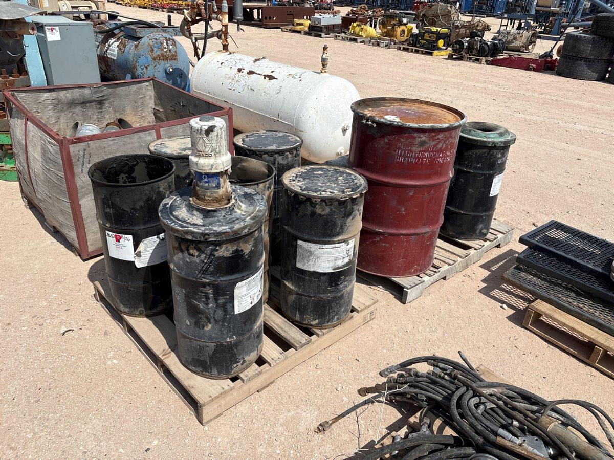 Used (2 pallets) w/ assorted high temp grease drums, pneumatic grease pumps, & gear oil