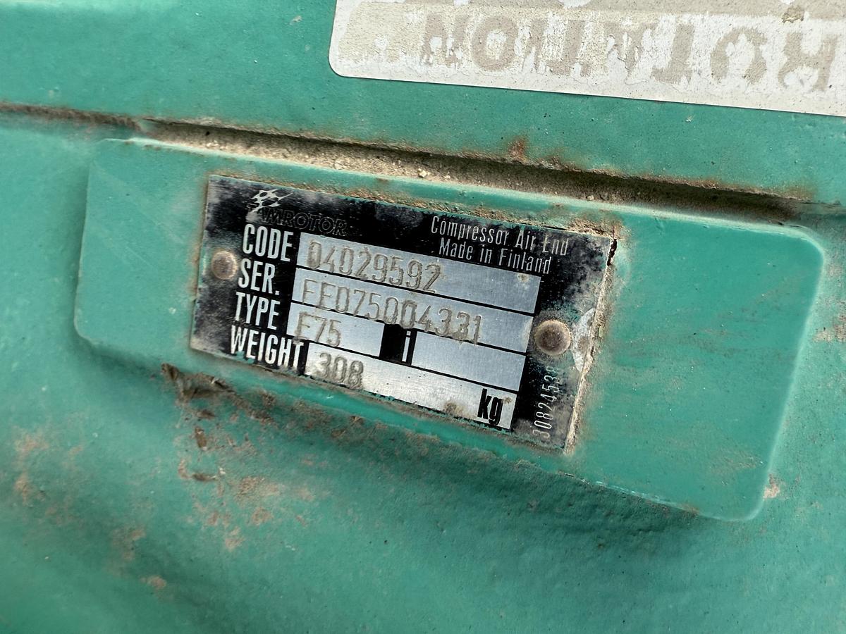 Used SULLIVAN PALATEK LL125UD 625 CFM 150 PSI ROTARY SCREW AIR COMPRESSOR UNIT, SKIDDED P/B 125 HP ELEC. MOTOR