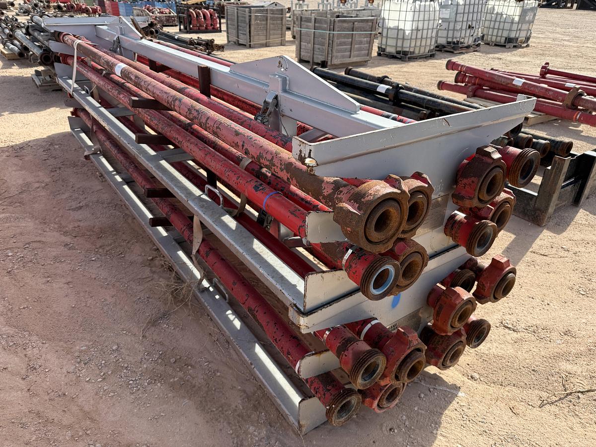 Used (17 X $) 3” X 15’L FIG 1502 15K WP FLOW IRON W/ (2) 2-TIER STACKABLE PIPE RACKS