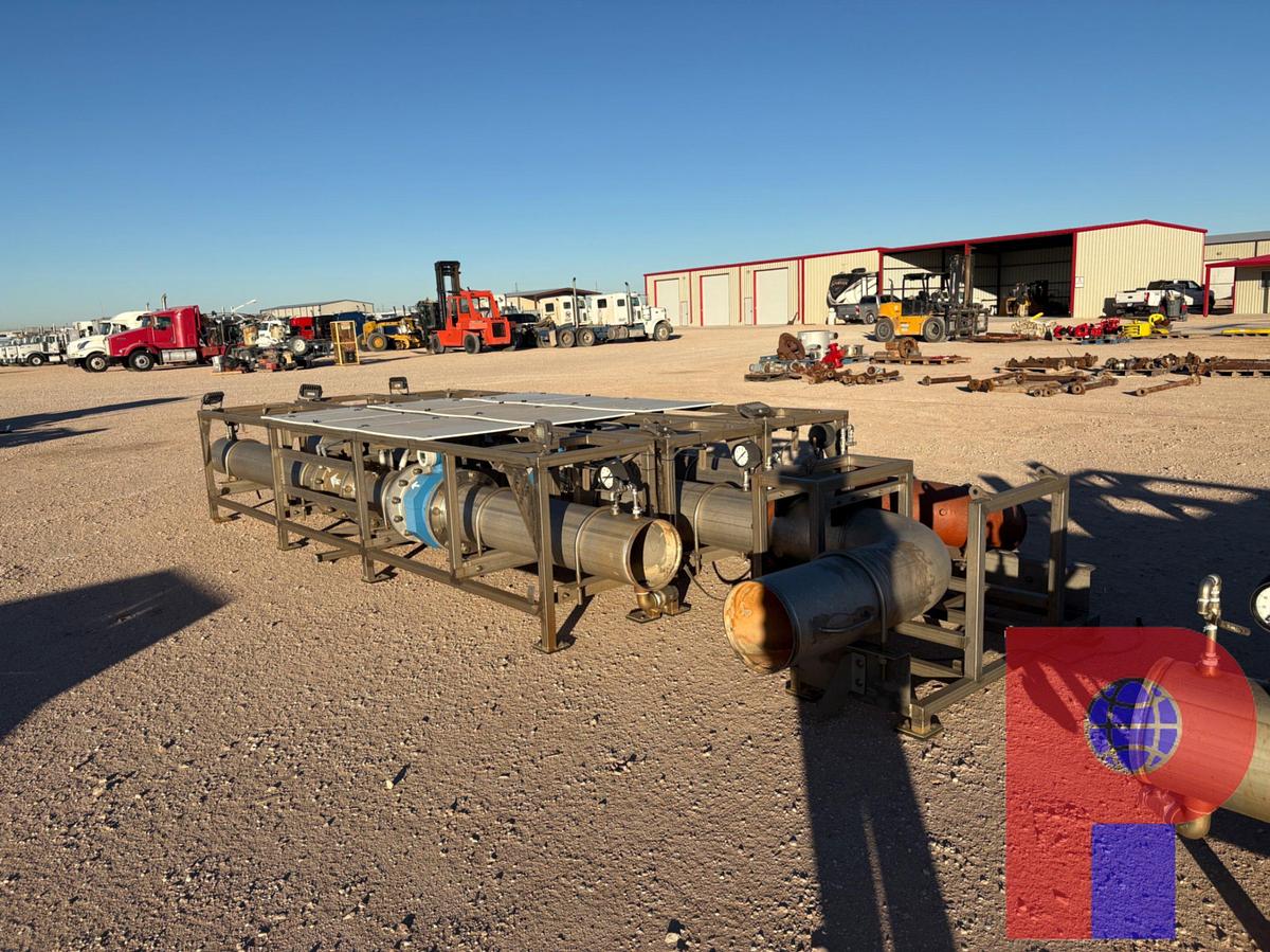 Used STAINLESS STEEL WATER TRANSFER MANIFOLD WITH (3) FLOW METERS 12” X 18.5’