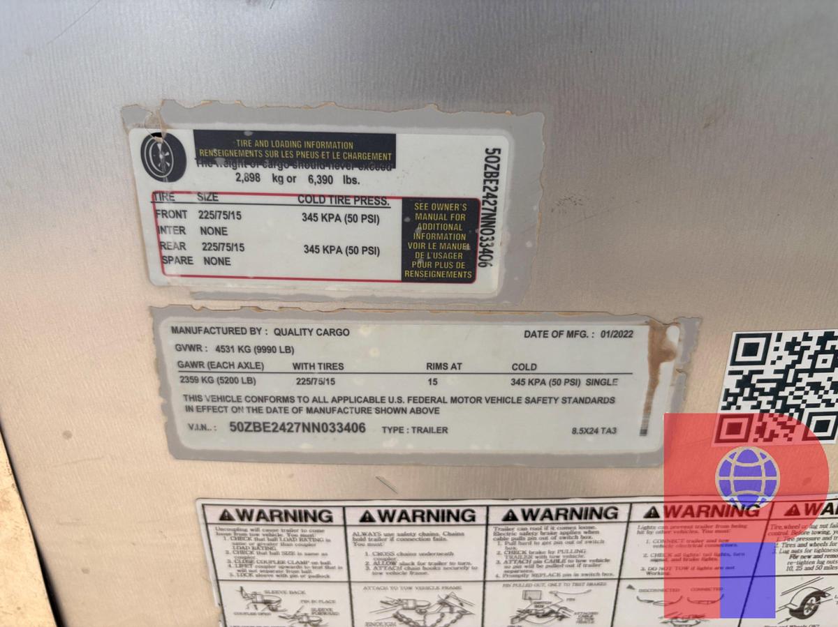 Used 2022 QUALITY CARGO 26’ X 102” ENCLOSED TRAILER