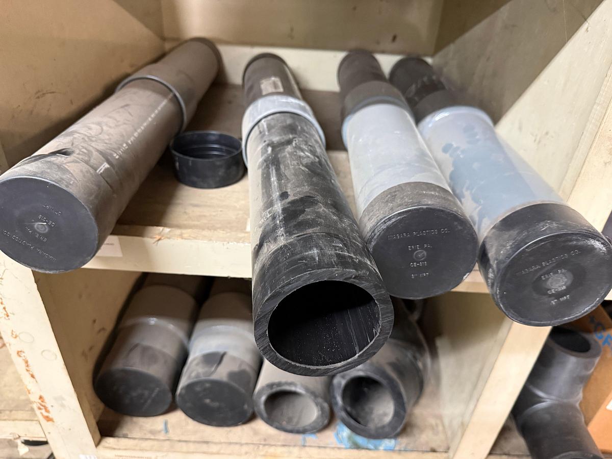 Used SECTION OF MOSTLY HEAVY WALL PVC COUPLINGS, EL’S, SOME STEEL & VICTAULIC TYPE, & (8) FLANGED BALL VALVES & RELATED