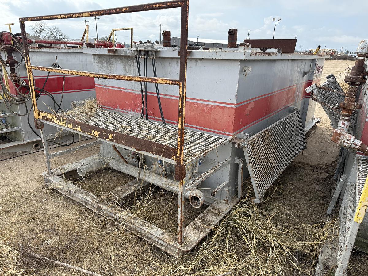 Used 15’ X 7’ X 5’ 3-COMP CEMENT MIXING TANK W/ AGITATORS, AIR VALVES CATWALK, PORCH,