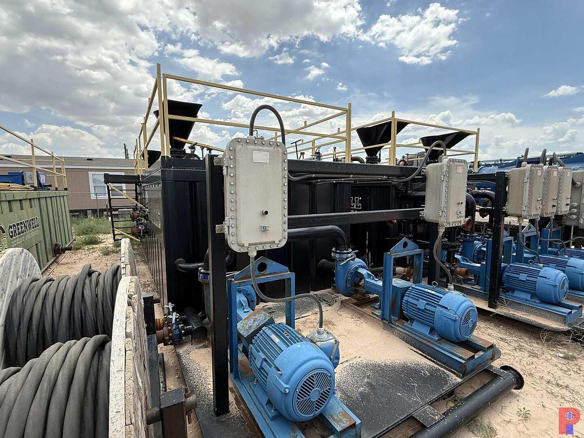 Used 27’L X 10’W X 6.5’H 2-COMPARTMENT 260 BBL. MIXING TANK P/B (4) 75 HP ELECTRIC MOTORS