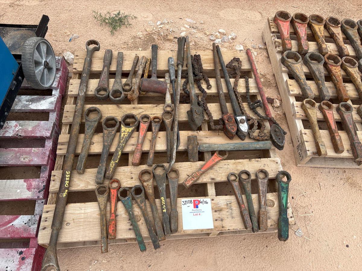 Used Pallet of assorted hammer wrenches, pry bars, chain wrenches, & hammers