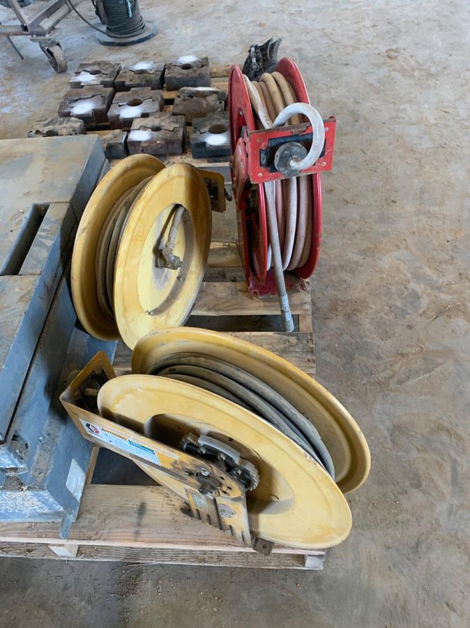 Used Pallet of 3 50’ Hose Reels and Job Box
