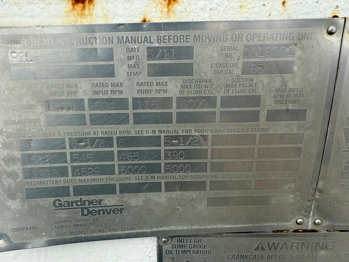 Used 2011 GARDNER DENVER PZ11 TRIPLEX DRILLING MUD PUMP P/B CATERPILLAR 3512, SKIDDED