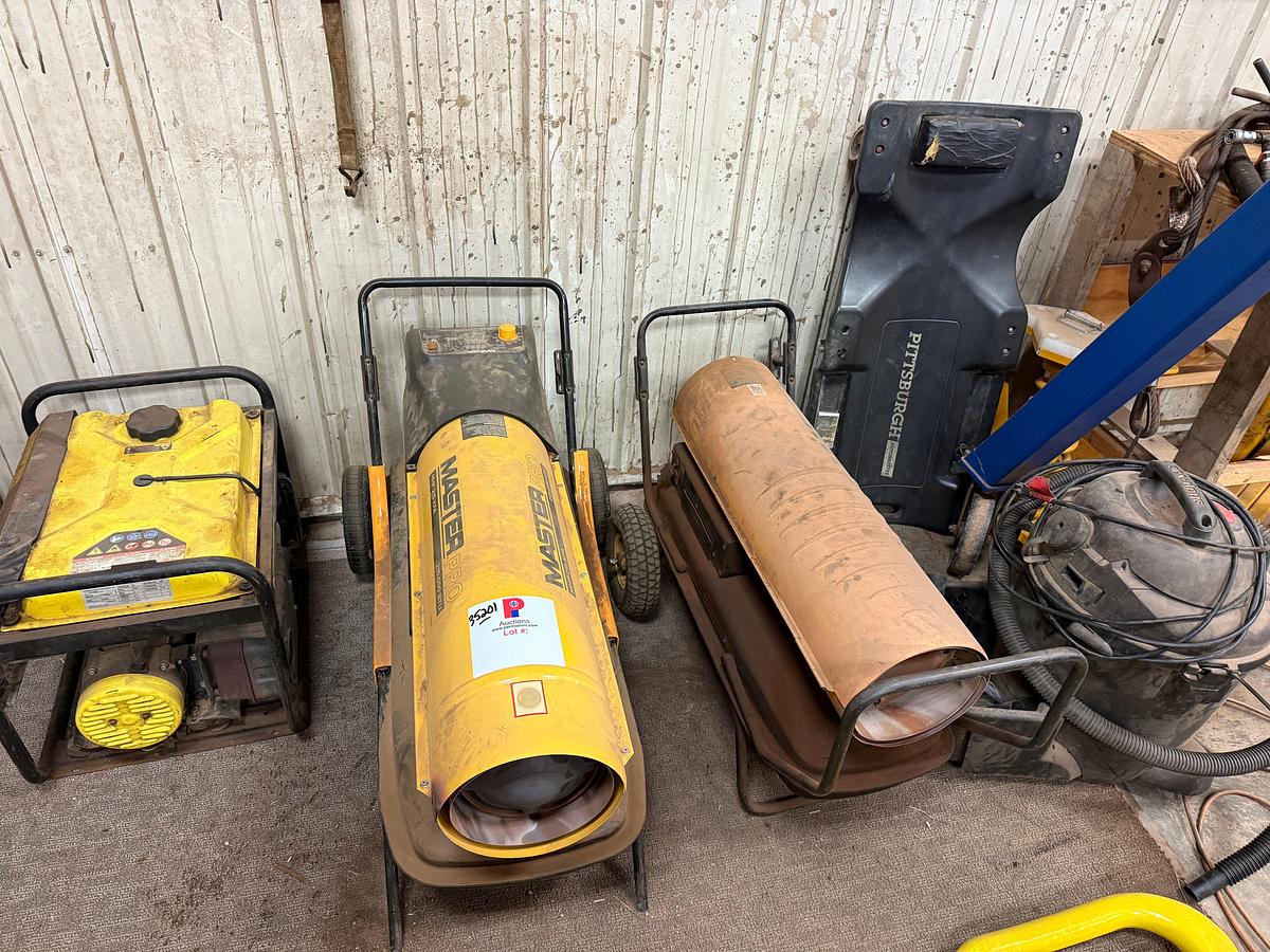 Used (2) MASTER DIESEL FIRED SHOP HEATERS, (1) CHAMPION 4450 WATTS  GAS GENERATOR, SHOP-VAC, PITTSBURGH CREEPER