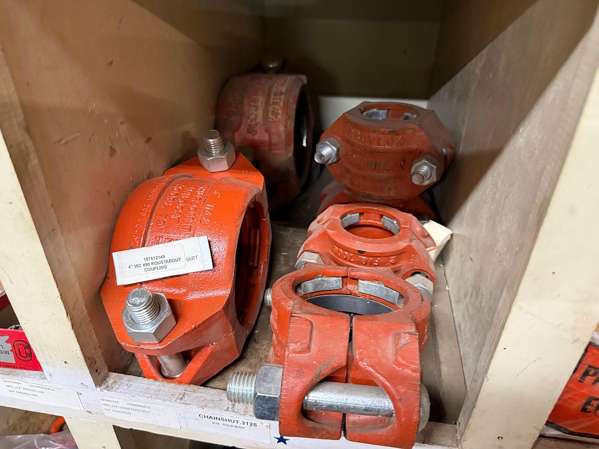 Used SECTION OF (50+)1/4” THRU 3/8” FIST GRIP U-BOLT CLAMPS, CHAIN HOOKS & BINDERS, SOME VICTAULIC COUPLINGS, ROD STRIPPER RUBBERS