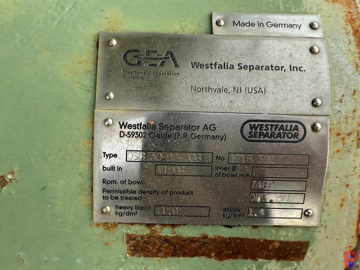 Used WESTFALIA SEPARATOR OIL CENTRIFUGE MACHINE SKIDDED