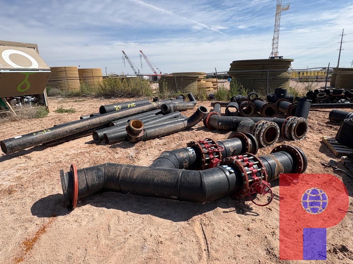 Used LARGE ASSORTMENT OF 5” - 14”DIA POLY PIPE CUT OFFS AND FITTINGS & 12” LAYFLAT HOSE