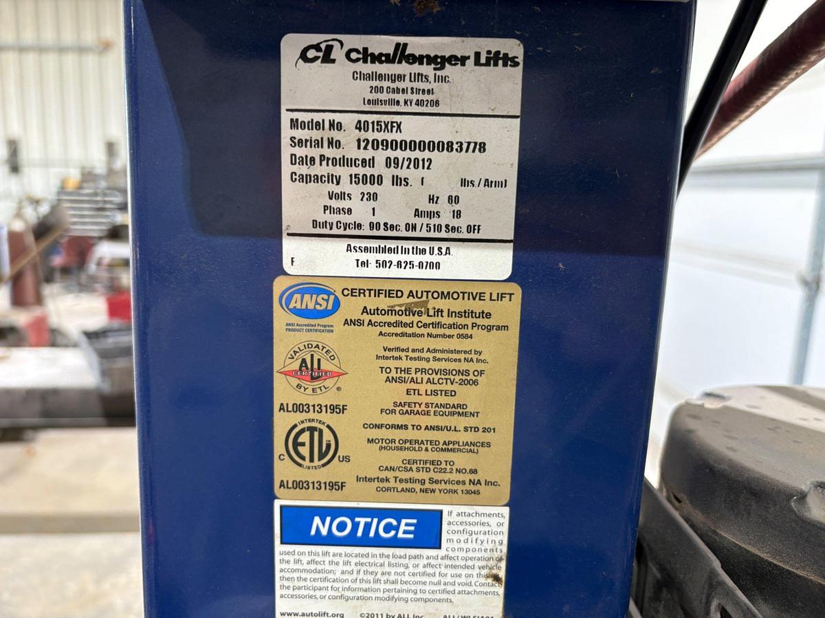 Used 2012 Challenger Lifts Model: 4015XFX, 15,000lbs 4-post car lift