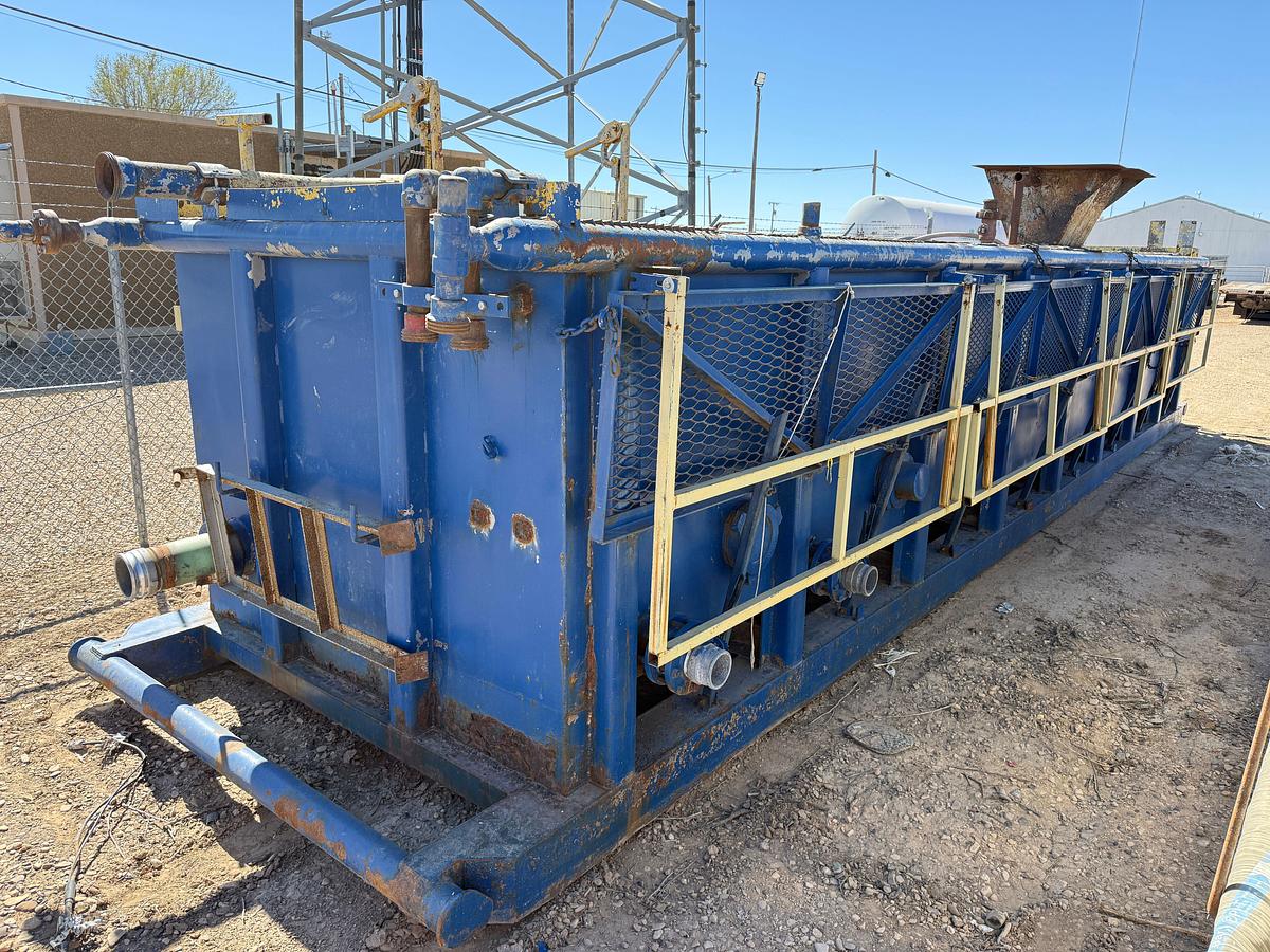 Used 180 BBL 32’ X 7’ X 5’ 3-COMP REVERSE PIT TANK W/ CATWALK,GAS BUSTER, HOSE RACK