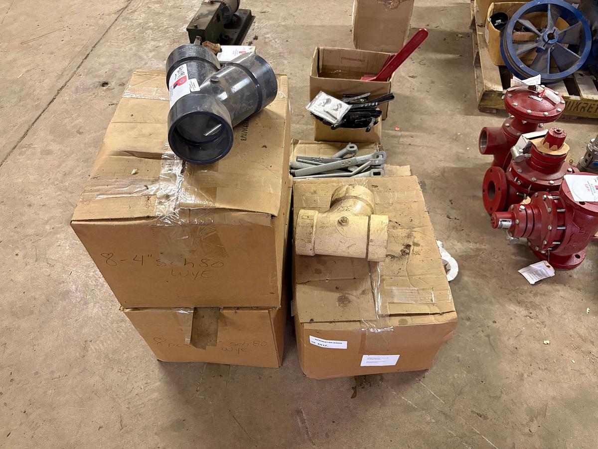 Used (3) boxes of unused 4” PVC “Y” fittings & assorted butterfly/ball valve handles