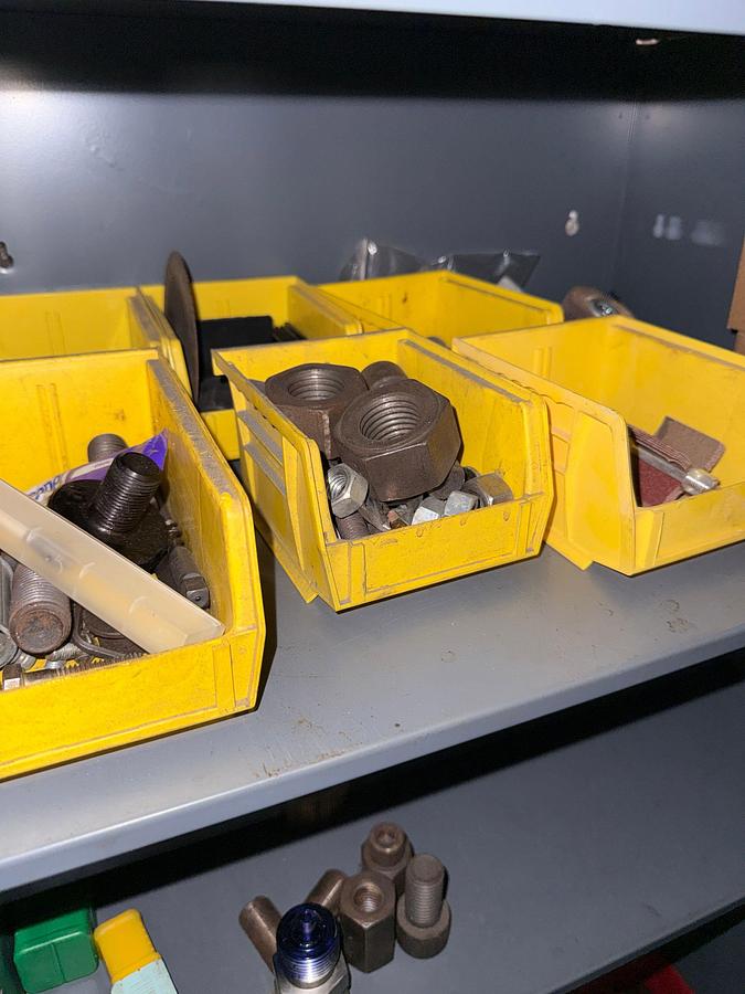 Used SECTION W/ (2) WORK BENCHES, SMALL METAL CABINET INCLUDING CONTENTS OF MACHINE CUTTING TOOLS, SOME HAND TOOLS, & RELATED