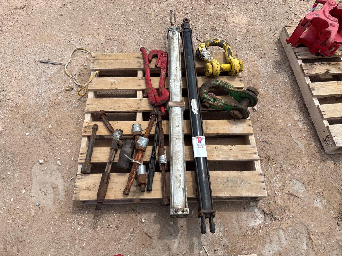 Used Pallet w/ (2) rod wrenches, (2) pneumatic lift cylinders, Clevises, etc