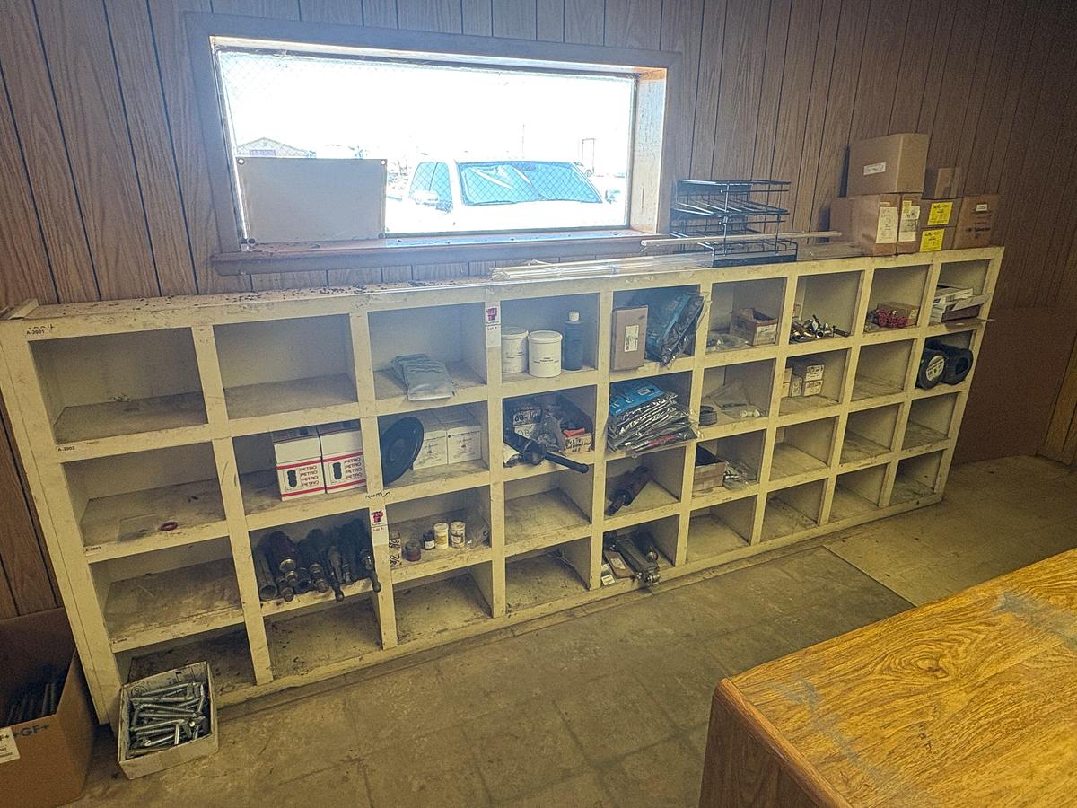Used 36 bin shelving unit w/ contents